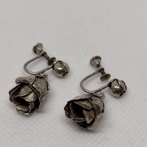 Vintage Pure Sterling Silver Rose Bud Earrings